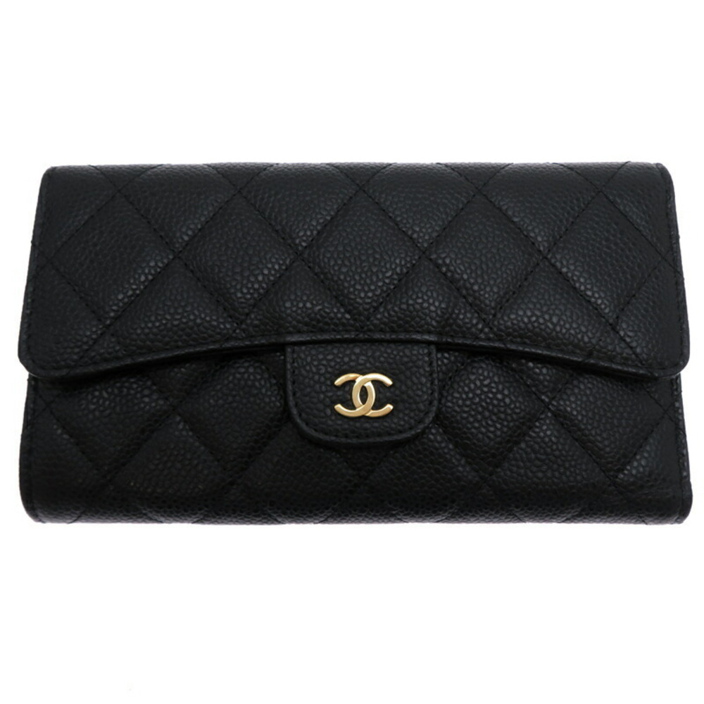 Chanel With sticker Matelasse Long Wallet Trifold Caviar Skin Black